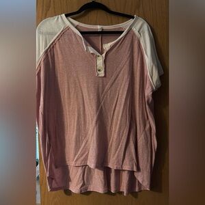 Women's Pink Raglan Henley Top with White Shoulders